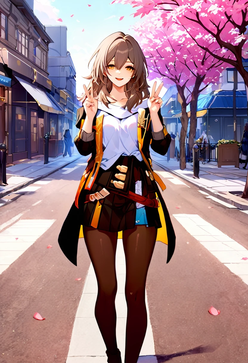 masterpiece, best quality, illustration, highres, ultra-detailed, 1girl, stelle \(honkai: star rail\), twintails, solo, , white shirt, sweater, pleated skirt, pantyhose, light smile, double v, looking at viewer, smile, open mouth, outdoors, street, cherry blossoms, petals, depth of field