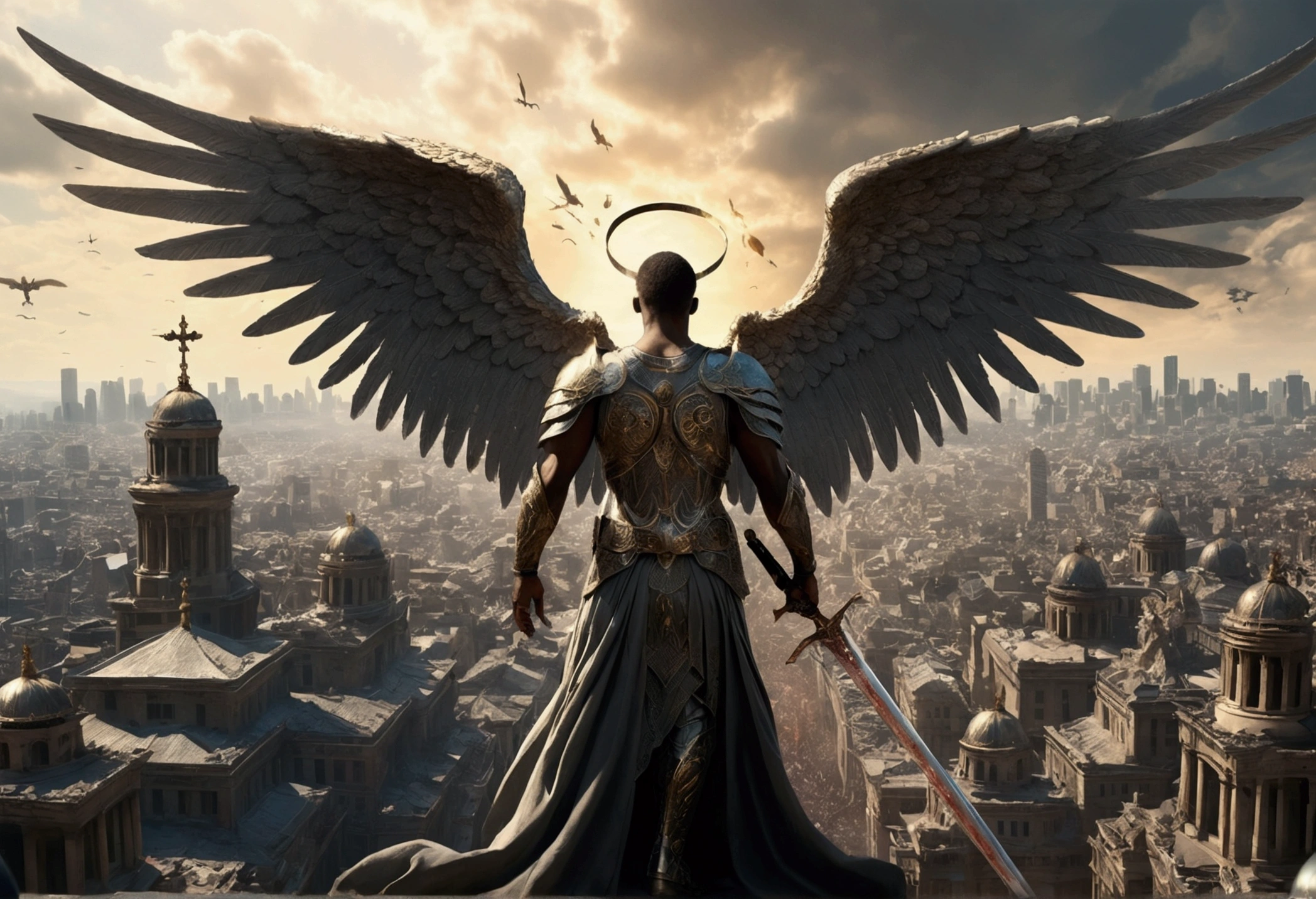 Bright angel with wings spread over a city and with a sword in the midst of a large army of demons