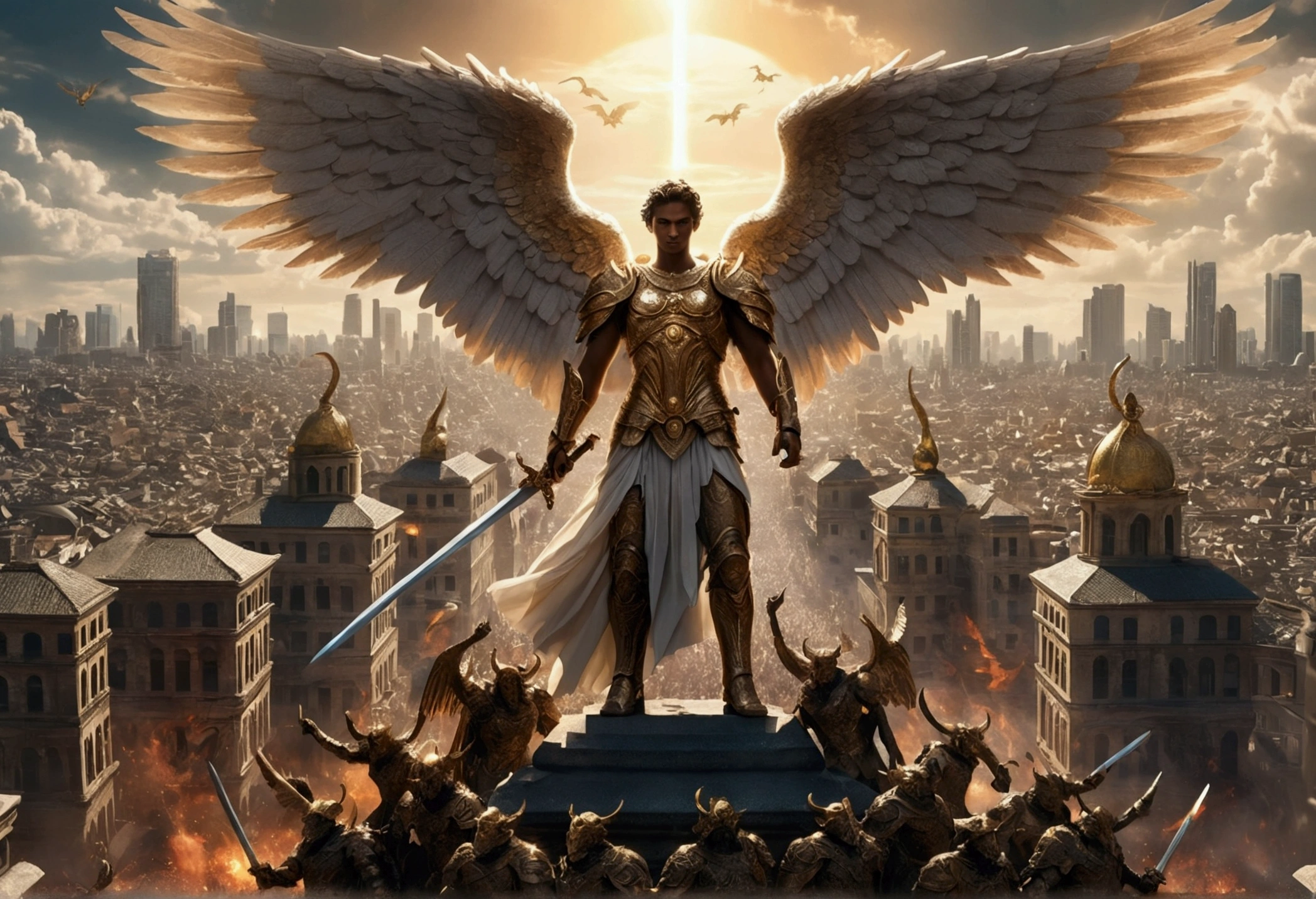 Bright angel with wings spread over a city and with a sword in the midst of a large army of demons