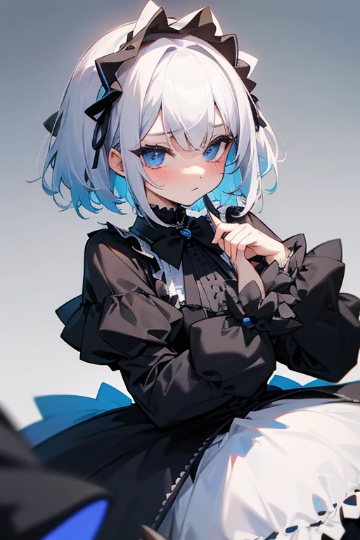 Short white hair, blush, Gothic ****ta、Punk Fashion、Headbang 2.、Blue and black clothes、