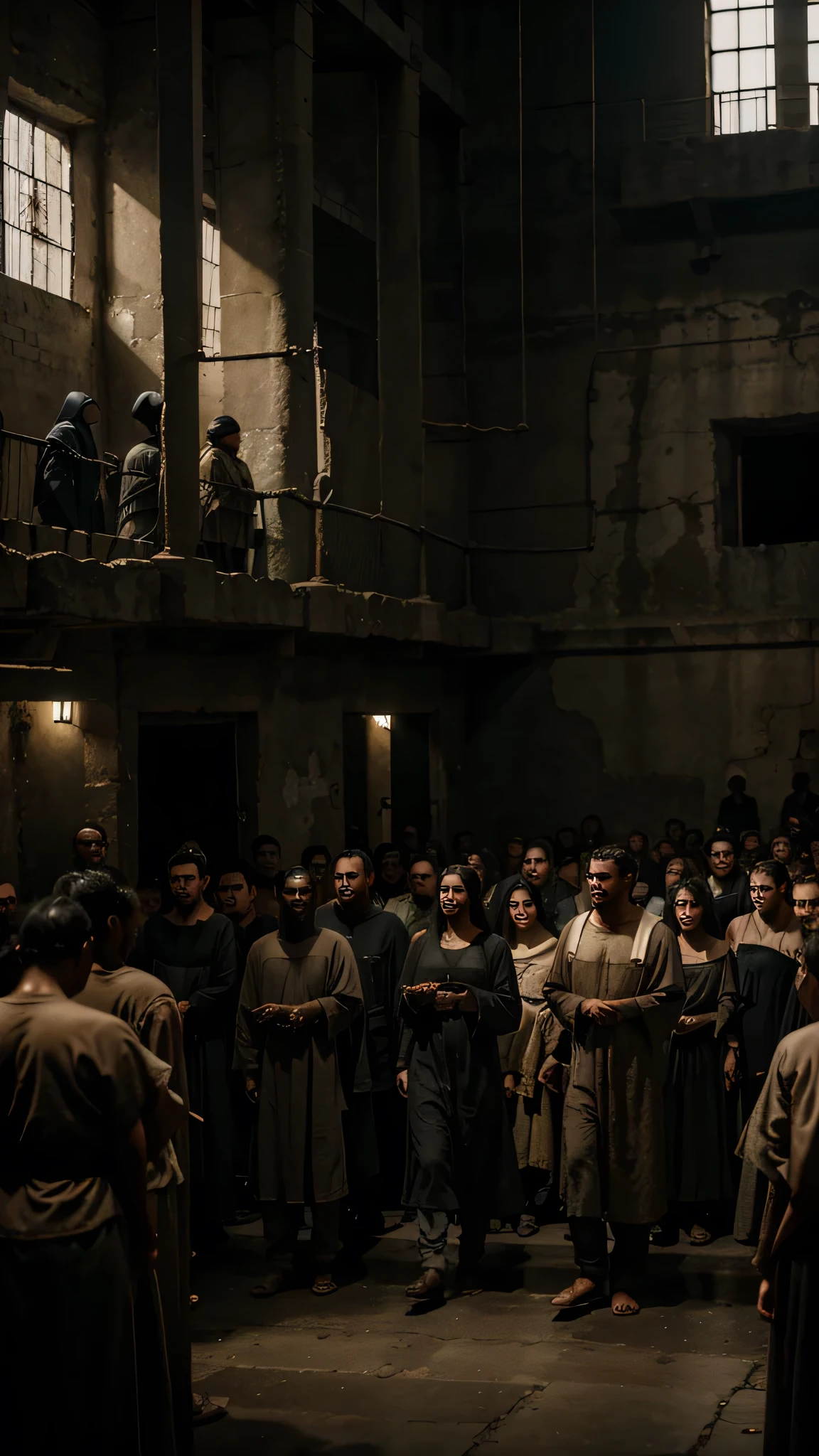 "A large, dark prison filled with numerous captives, both men and women, wearing simple, ancient garments. The atmosphere is oppressive and crowded."