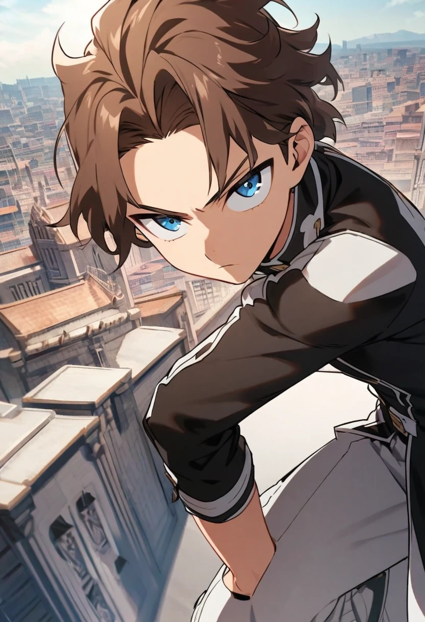 A serious brown-haired, Wavy shoulder-length blue-eyed  boy, With a black jacket with white details and white pants, in a pose from above with a city background, Boku no hero academy style