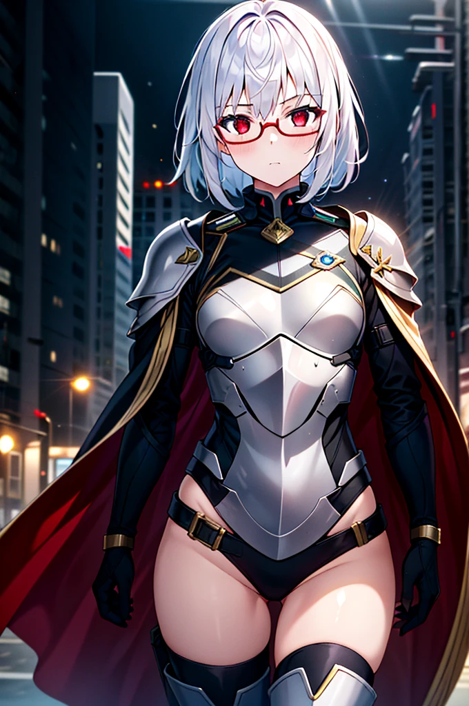 Masterpiece, solo, female, 1girl, 4k, standing, outdoor, white hair, white glasses, short, futuristic black soldier armor, cowboy shot's, Bokeh,red eyes, female soldier, bulletproof soldier armor, flat breast, flat chest, mature women, gold cape's, looking at viewers 