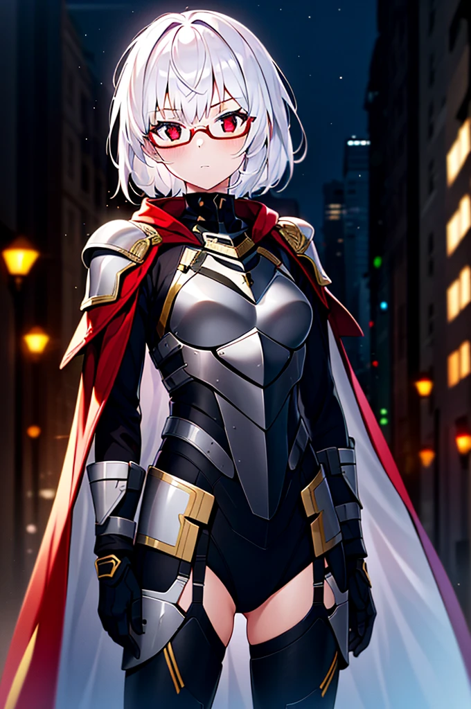 Masterpiece, solo, female, 1girl, 4k, standing, outdoor, white hair, white glasses, short, futuristic black soldier armor, cowboy shot's, Bokeh,red eyes, female soldier, bulletproof soldier armor, flat breast, flat chest, mature women, gold cape's, looking at viewers 