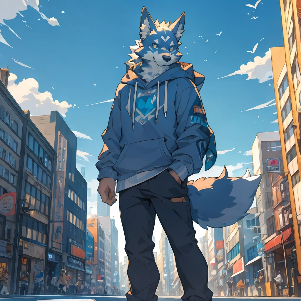 Muscular body, Dark gray fur, Standing on the street, Snack Street Background,head tilted to one side,Beautiful blue sky and white clouds,People coming and going , Wearing a gray sweatshirt, Wolf furry character