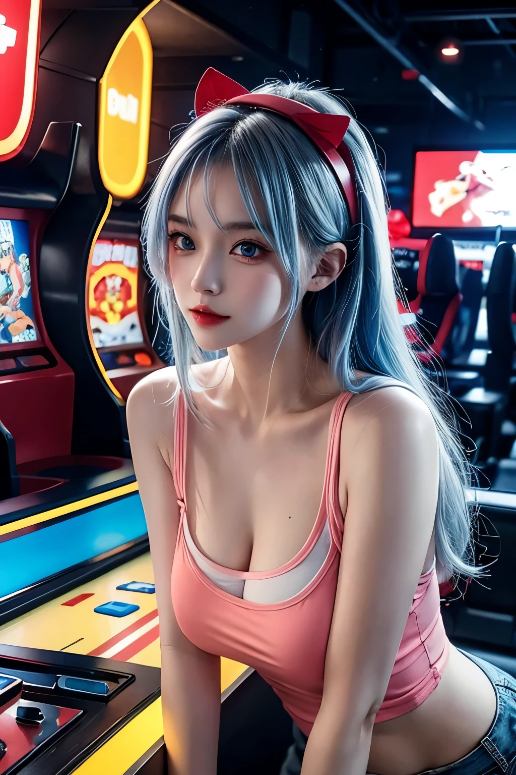 photography awards, masterpiece, blue hair, blue eyes, photorealistic, high resolution, soft light, red t-shirt, 1women, solo, hips up, Gamer girl, Game center, arcade, shining skin, dynamic pose, bright, Game center background, high background detail, dim light, night, pink headphone