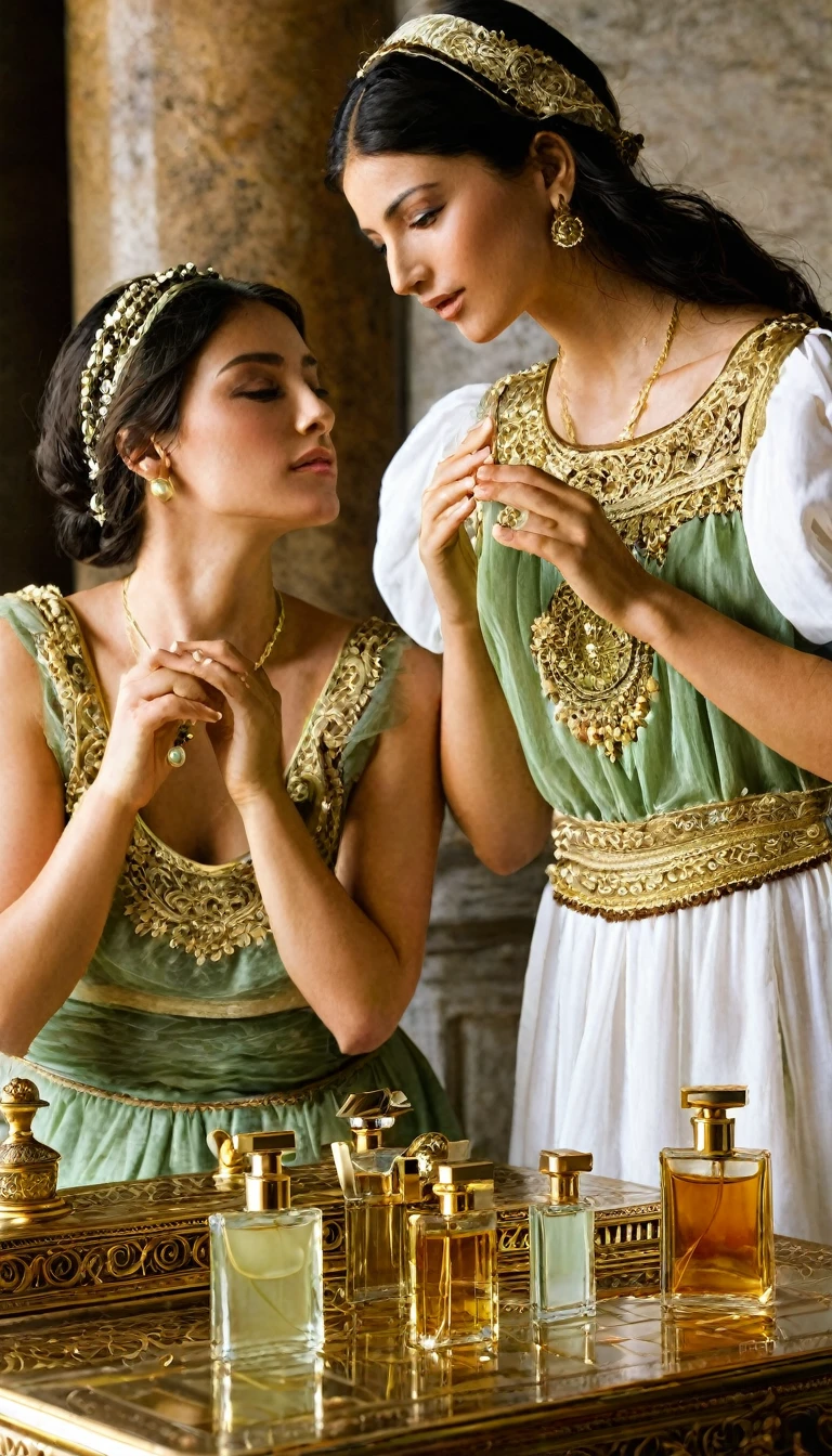 Front view, Full-body, AD 1 years, 2 girls, 2 girls is parent, Empire of Roman woman, 1 woman is 40 age-old, (dark brown hair, curl hair, smile, earring ,olive leaf tiara, gorgeous neckless ), (wearing Red an ancient Roman imperial elegant tunic:1.3), (White elegant Toga, fasten metal button :1.5), another girl is Empire of Roman girl, 1 girl is 18 age-old, Hers name Julia, (Light brown hair, middle hair , wince, brown eyes, beautiful lip, olive leaf tiara, gold earing and neckless, little smile), (big breasts, slender whist, wide hip) ,(wearing White an ancient Roman imperial elegant tunic:1.3), (Blue elegant Toga, fasten metal button :1.5), ((leather Sandal)), on street of Palace, in Roman, standing pose, noon, (textured skin , HI detailed skin, (foreshortening, Canon, 8k, anatomically correct, super detail, high details, highness)