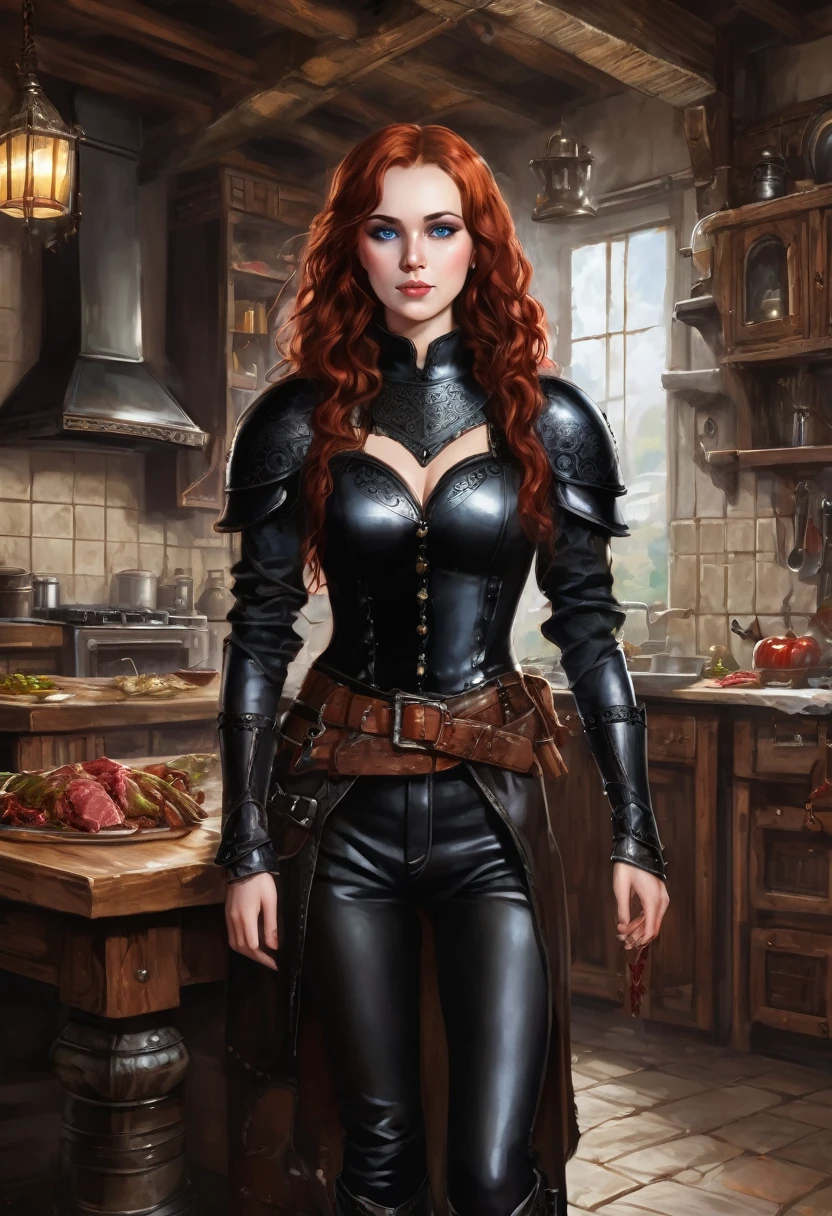 a super mega beautiful attractive cannibal young girl with round head, redhead curled long hair, short ,blue eyes, black collar,  Medieval black leather armor,brown leather belt,black tight pants, black boots , she standing in kitchen and happy to carnivorous her boyfriend's meat on table, gothic, ultra realistic, romantic,the middle ages