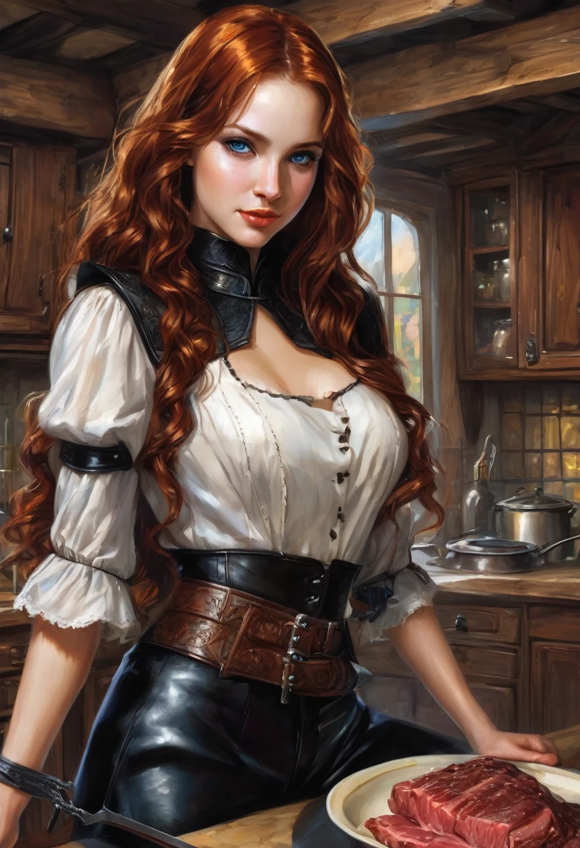 a super mega beautiful attractive cannibal young girl with round head, redhead curled long hair, short ,blue eyes, black collar, Medieval black leather armor,brown leather belt,black tight pants, black boots , she standing in kitchen and happy to carnivorous her boyfriend's meat on table, gothic, ultra realistic, romantic,the middle ages