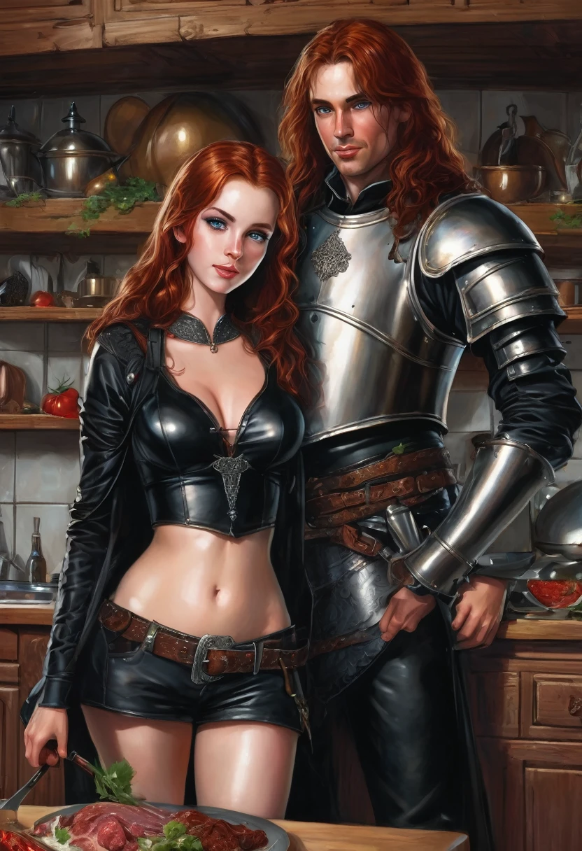 a super mega beautiful attractive cannibal young girl with round head, redhead curled long hair, short ,blue eyes, black collar, Medieval black leather armor,brown leather belt,black tight pants, black boots , she standing in kitchen and happy to carnivorous her boyfriend's meat on table, gothic, ultra realistic, romantic,the middle ages