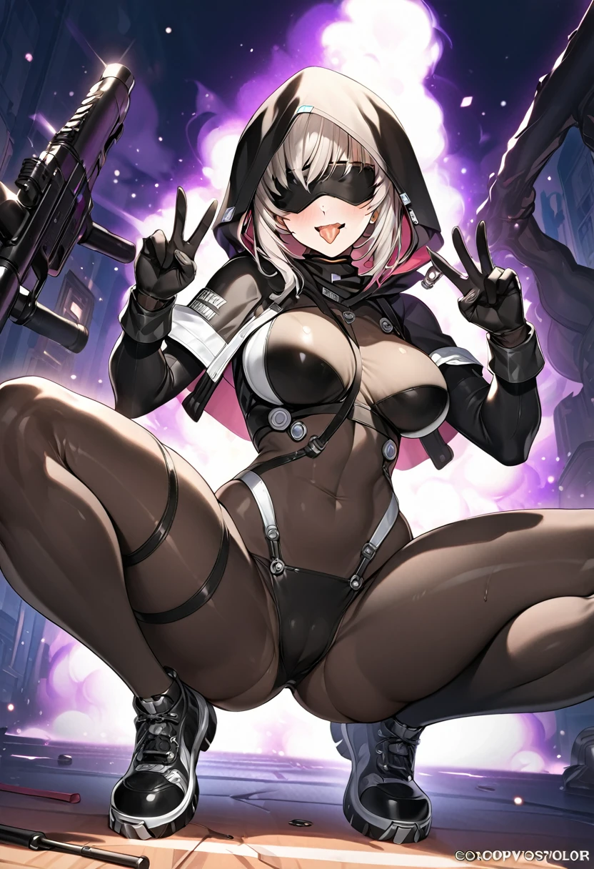 ( hands_up, piece_sign, double_v:1.1), hood, jacket, body suit, black clothes, black wear, (((black tights))), weapon, cowboy shot, (((blindfold))), beautiful face, masterpiece, super fine illustration, ultra high res, masterwork, best quality, cg unity 8k wallpaper, official art, ultra detailed, squatting, full face blush, smile broadly, evil smile, fucked silly, vulgarity, rape face, open legs, groin, spread legs, head to toe, super detailed skin, open mouth, stick out tongue, long tongue, tongue out, tongue, gleaming skin, oil skin, shiny skin, breasts, shoes, groin focus, happy, perfect hands, perfect fingers, gloves, five fingers, bangs, perfect anatomy hands, 