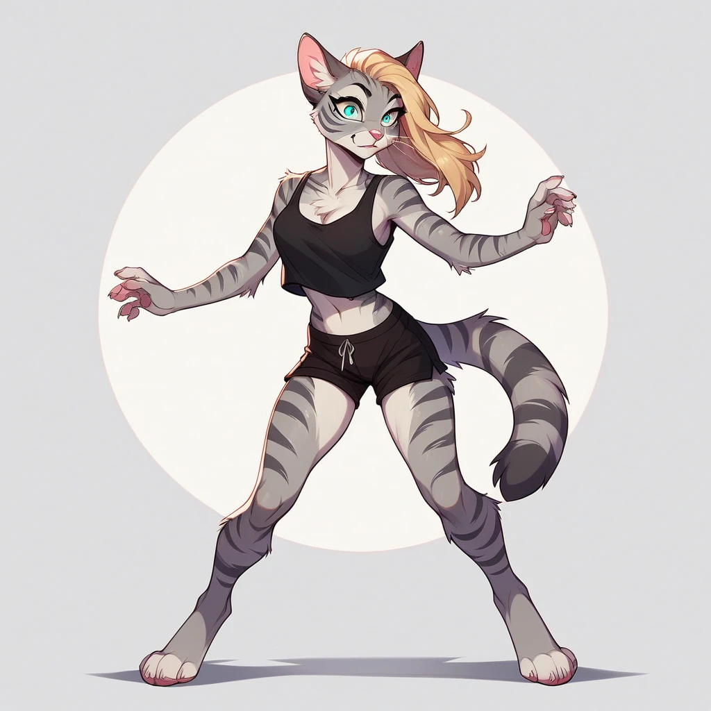 score_9,score_8_up,score_7_up, score_6_up, score_5_up, source_cartoon, flat colors, no shading, Kat, female Anthro furry feline, silver fur, grey stripes on body, blue eyes, long blonde hair, undercut hair, pink nose, :3, wearing black tank top, black short shorts, barefoot, four toes, feet paws, exaggerated expression, full body shot, floating in mid air, looking confused, eyes wide open, funny expression, simple white background