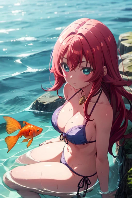 An anime girl in a bikini on a beach submerged in the water, observing a beautiful goldfish