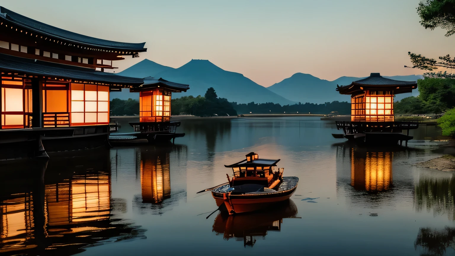 Old,Japanese,River,Boat,Edo,Period,Samurai,Night,Lantern,Reflection