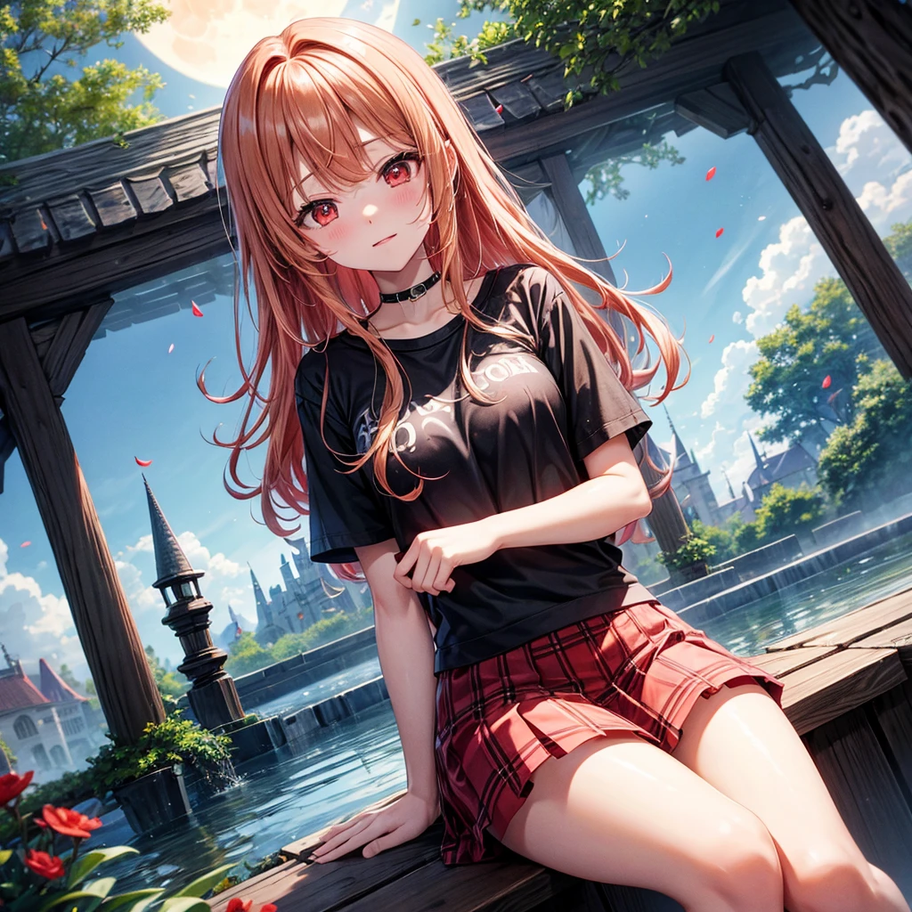 Red-blonde、Red eyes、One cute girl、solo、And soul、Light clothing、Checked mini skirt、petal、Wet hair、Sit on、black t-shirts、large tree、cloud、full moon、monster castle、lanthanum、Hell&#39;s Gate、Craft Gatekeeper、barefoot、Snow is piled up