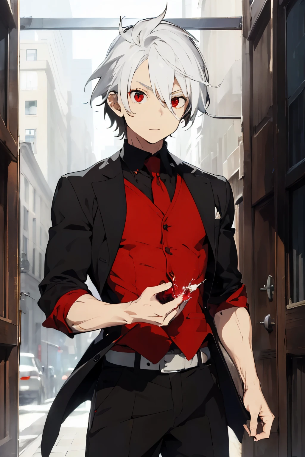 ((best qualityer)), ((work of art)), (detailded), 1 boy, Short, spiky white hair, empty blood red eyes, dark, unresponsive and penetrating, lean and well-defined athletic physique, skin fair, height 1,60 m, weight 60