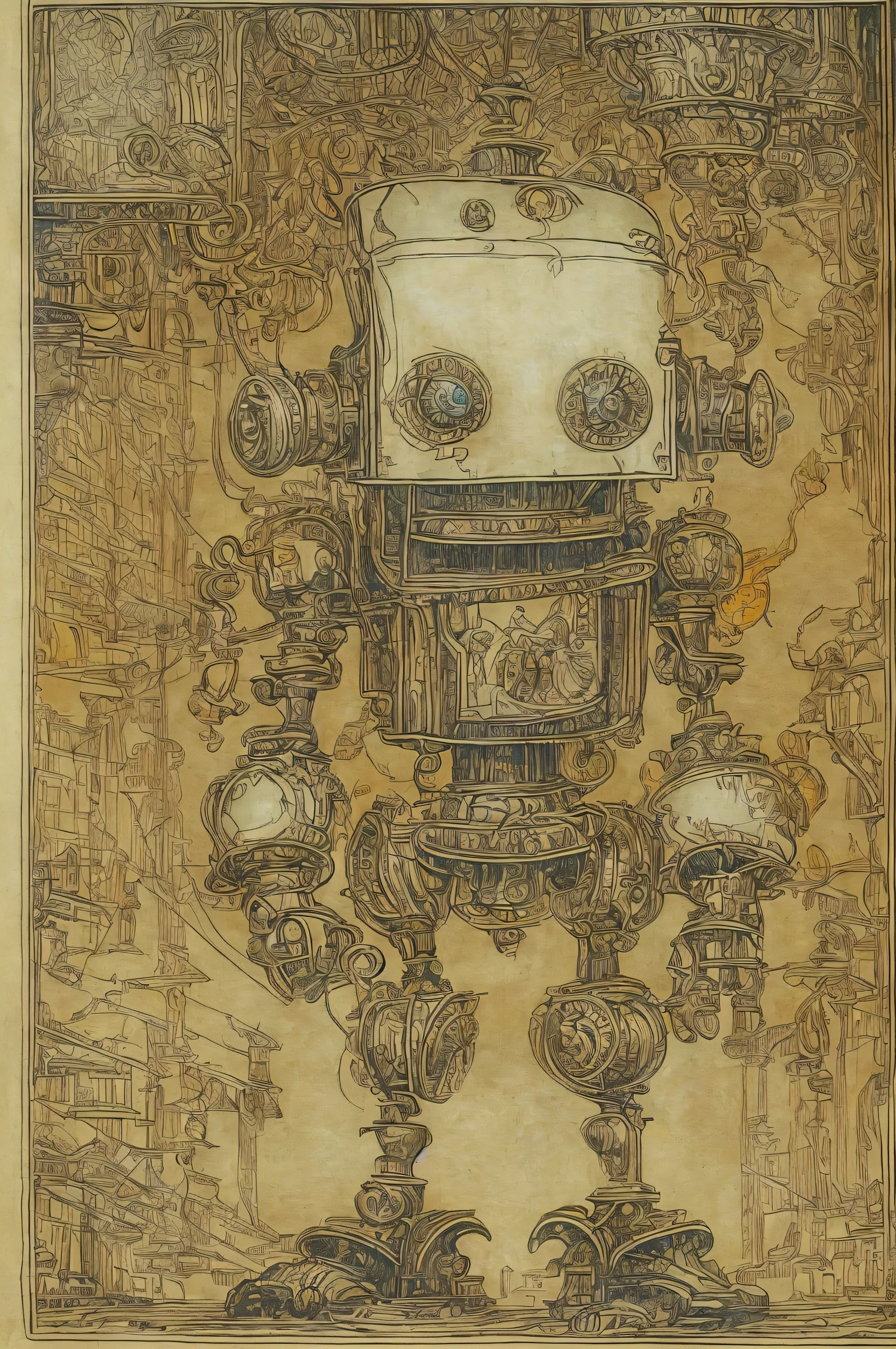 steampunk、sketch、The Style of Kawanabe Kyosai、I&#39;m a clumsy robot with a square head.、It has eyebrows, eyes, nose and mouth.、Very displeased look、While facing right、Protruding lower lip、He is looking down and glaring at the viewer.、1970s、Cartoon、Oil painting style、Portrait、Anya、