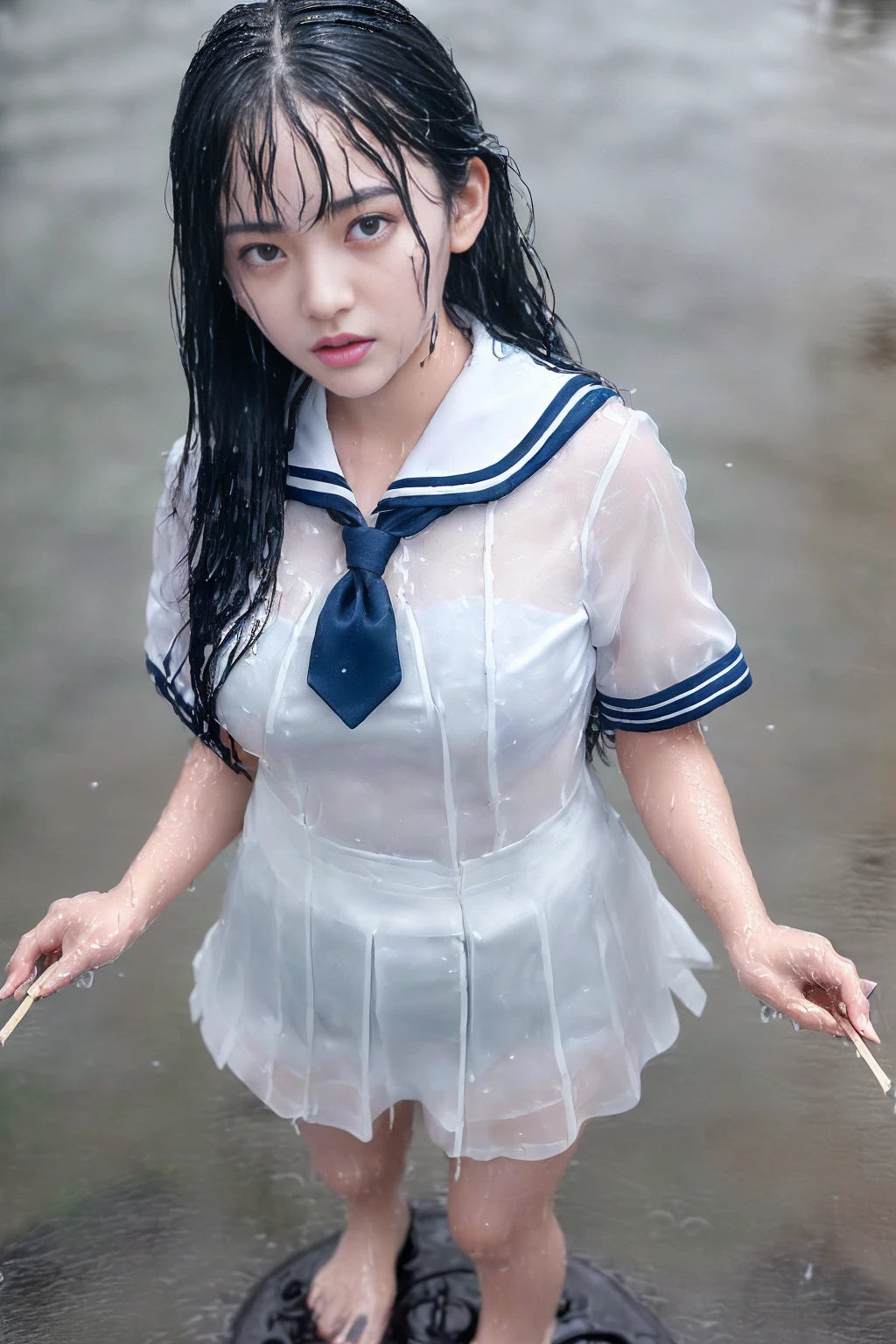 nsfw,(Highest quality, masterpiece, Very detailed, Ultra-high resolution, Realistic, RAW Photos, Confused, Absolute Resolution:1.5), (Realistic:1.4),((18 year old beautiful girl)),(Black Hair,Long Hair,ponytail),((whole body)),((Upward beautiful breasts)),(Slim and slender,Stylish slim body),,Detailed and realistic human body、Detailed and realistic skin,Realistic face in every detail,,Realistic fingers in every detail,Detailed realistic feet,Realistic breasts down to the last detail,((Pouring rain)),((heavy rain)),((School Playground)),Sailor suit,Sailor Skirt,Junior School,high school student,Japanese 、((Pouring rainの中(A girl standing in the center of the schoolyard))、((Wet and see-through(クロップトップSailor suit、ミニSailor Skirt))、((performance(sorrow、dark、Lament、Watery eye))、((Pouring rainを浴びて(Soaked skin from head to toe))、((Rain dripping from the skin))、((Her body lines are clearly visible through her uniform..(Gets wet and sticks to the skin.))、((Rainwater dripping from the uniform))