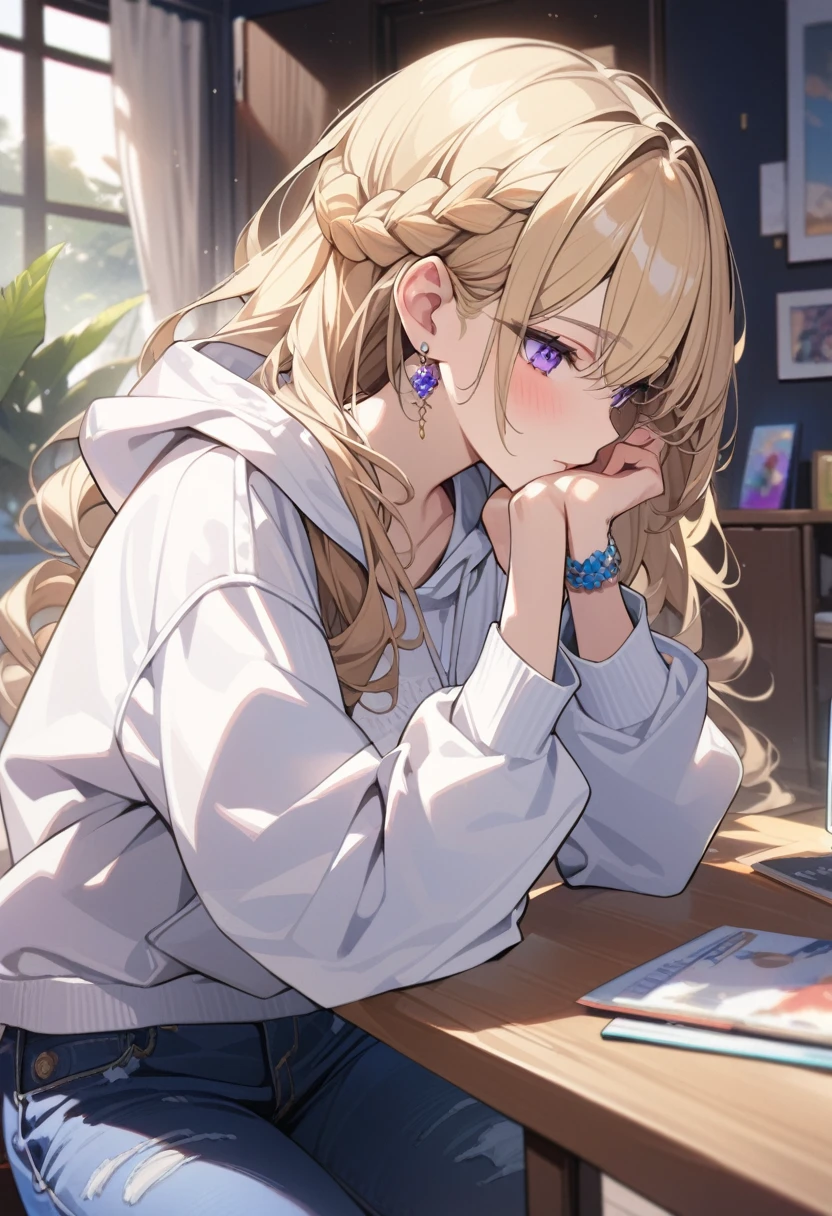 masterpiece, best quality, extremely detailed, ultra detailed, flat anime, 2D,
1girl, (young adult:1.2),blonde hair, (semi-long hair:1.2), curly hair, french braid, medium breasts, purple eyes, tsurime, height 1.7meters,
white hooded sweatshirt, jeans, earring,bracelet, long sleeves,socks,
Chin in hand.,
upper body, portrait,
summer, livingroom, 12AM., standing