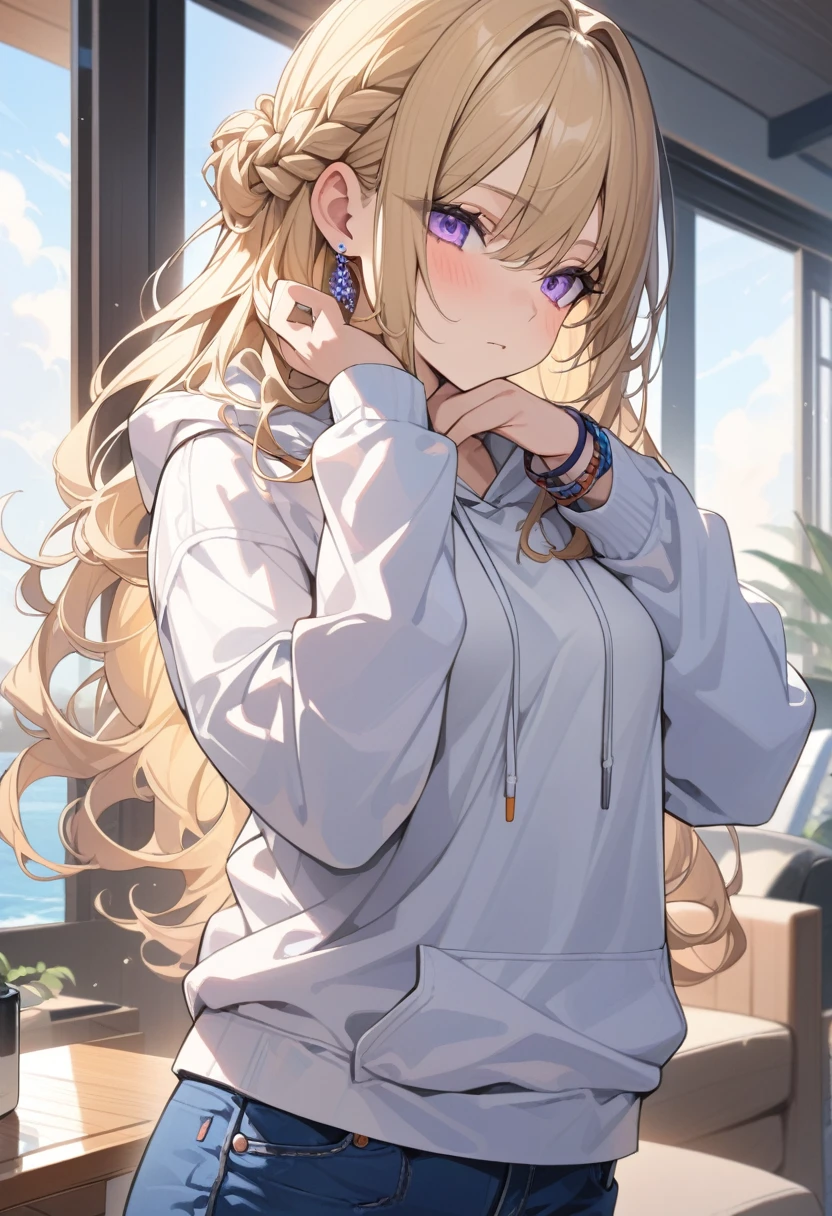 masterpiece, best quality, extremely detailed, ultra detailed, flat anime, 2D,
1girl, (young adult:1.2),blonde hair, (semi-long hair:1.2), curly hair, french braid, medium breasts, purple eyes, tsurime, height 1.7meters, 
white hooded sweatshirt, jeans,  earring,bracelet, long sleeves,socks,
Chin in hand.,
upper body, portrait, 
summer, livingroom, 12AM., standing