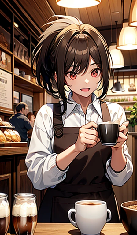 masterpiece, Highest quality, (alone focus), (Perfect Face:1.1), (Attention to detail:1.1),dramatic, 1 person, (Healthy Skin),Brown Hair,ponytail,Red eyes,[Thin eyebrows],alone,White collared shirt,Black Apron,Open Mouth Smile,LOL,looking at the camera,Detailed Background,art,Coffee shop,Cinema Lighting,Coffee cup in hand