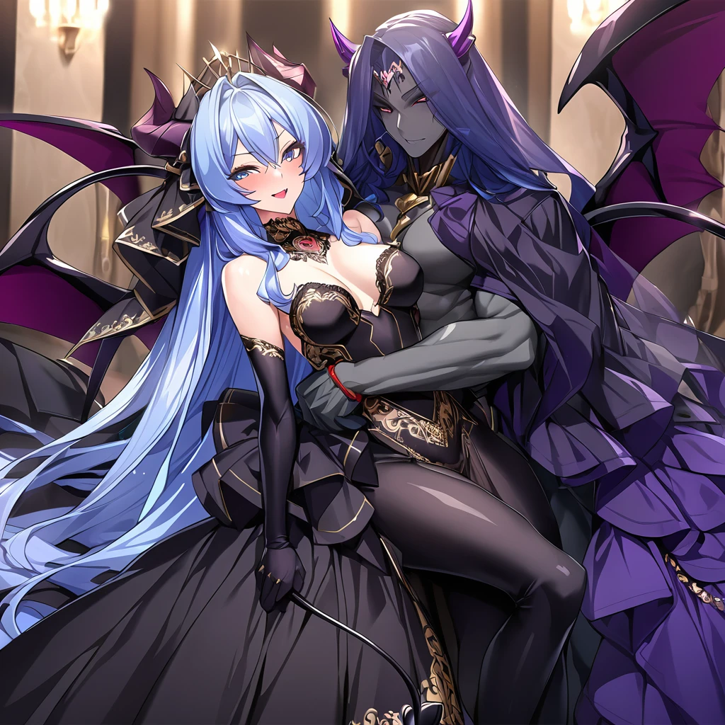 ((Highest quality)), ((masterpiece)), (detailed), （Perfect Face）、The woman is hugging and kissing the great evil demon king man、The woman is a beautiful, jet-black female demon, the queen of evil, Devil Extia, with medium-long blue hair, wearing a luxurious black wedding dress with gold embroidery and trim, a black wedding veil, an engagement ring, and luxurious accessories. She is an elegant, beautiful female demon, the queen of evil.、A great demon with jet black skin, impressive devil horns, devil wings and a devil tail.、The woman looks happy、The man is a great and powerful demon king, favored by the majestic demons.