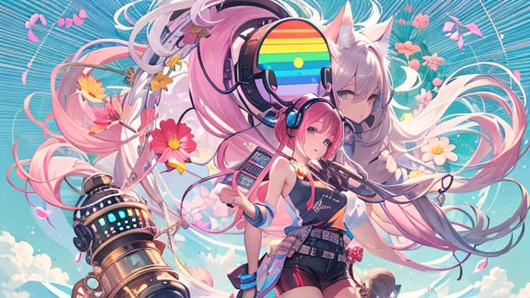 Flowers、Rainbow Hair、Headphones、Cat ear、Seven-colored hair、leather jacket,Flowers and sky background、Young Face 、ponytail、round 1、necklace、jewelry、Tank top、whole body、Between the legs