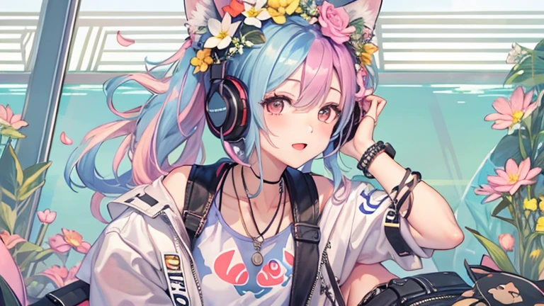 Flowers、Rainbow Hair、Headphones、Cat ear、Seven-colored hair、leather jacket,Flowers and sky background、Young Face 、ponytail、round 1、necklace、jewelry、Tank top、whole body、Between the legs
