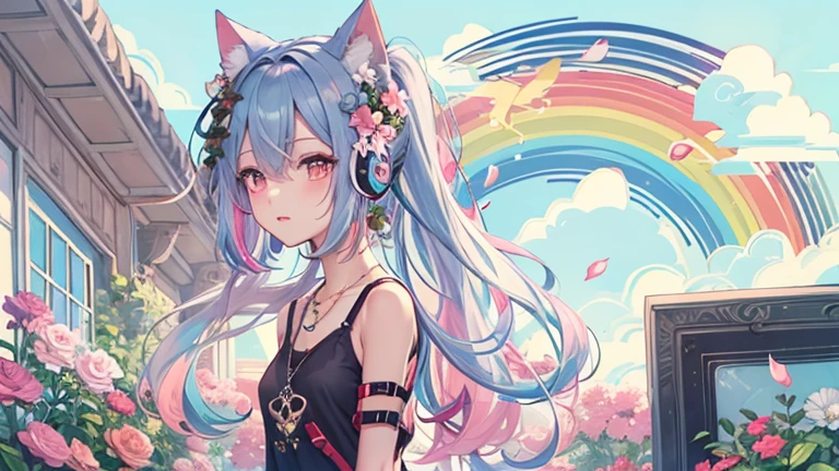 Flowers、Rainbow Hair、Headphones、Cat ear、Seven-colored hair、leather jacket，Flowers and sky background、Young Face 、ponytail、round 1、necklace、jewelry、Tank top、whole body、Between the legs