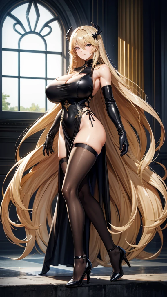 Adult woman with long blond hair and huge breasts,hairpin,Black evening dress,Bare arms,Abdominal muscles,muscle,Thin legs,black stockings,high heels,Standing,palace wave windows