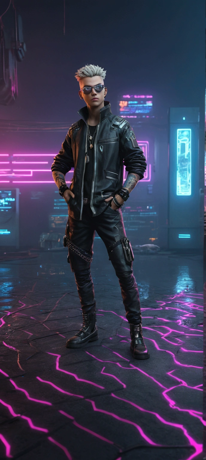Change background cyberpunk hundsum boy, realistic fase,8k,ultra realistic