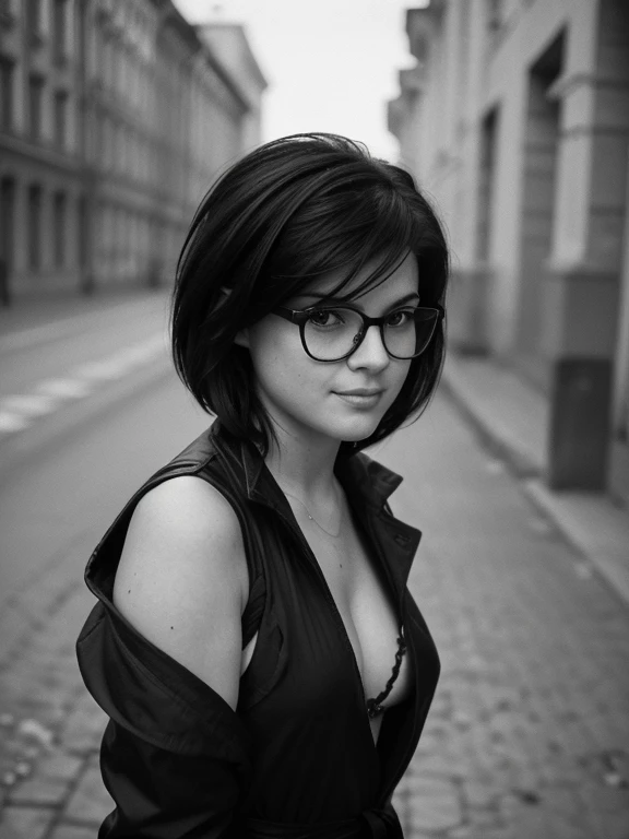 ((Monochrome Photography)), (black and white image), masterpiece, photo paper effect, Film grain, (((raw monochrome photo of a Soviet student in the style of the 80s))), filmed "Svema" SLR camera "Zenit-3", Humanity, Charming chubby Russian punk student 18 years old with aesthetic soft small natural breasts with beautiful soft pink nipples, round face, round cheeks, round chin, beautiful proportional small wide nose, Realistic expressive dark brown eyes, long eyelashes, Sarcastic Look, glasses with lenses, plump sensual lips, ironic one-sided half-smile, ear piercing, very tousled dark brown tousled short hair, short, tousled, disheveled hair combed into a mohawk(rebellious 80s punk hairstyle), whole body, black long canvas raincoat on a naked body(embarrassed to show charming small breasts and hairy pubes on the street, risky inept exhibitionism), flat sandals, Slight embarrassment, enjoyment of rebellious behavior, (Soviet clothing style of informals of the 80s)(I don't wear a bra because it's hot, I don't wear panties because it's hot, Portrait-Medium shot, Outdoors, Free standing pose, sunny day, natural natural light, realistic human skin textures, Realistic clothing textures, realistic glasses with distorting lenses, reflections of sunlight on glasses lenses, A great backstory(Leningrad 1985),