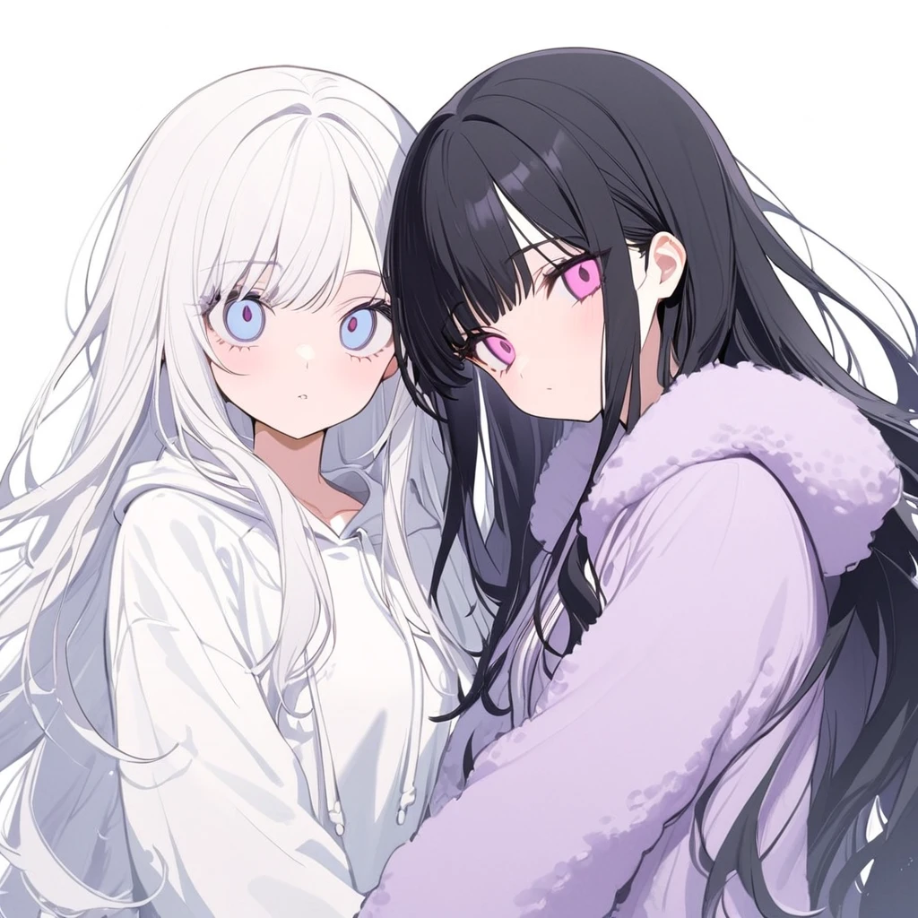 Two girls,one girl(white hair, straight long hair, beautiful hair, pink eyes, droopy eyes), other one girl (black hair, straight long hair, beautiful hair, blue eyes, slanted eyes), hoodie, a cute boa hoodie, Jirai Kei