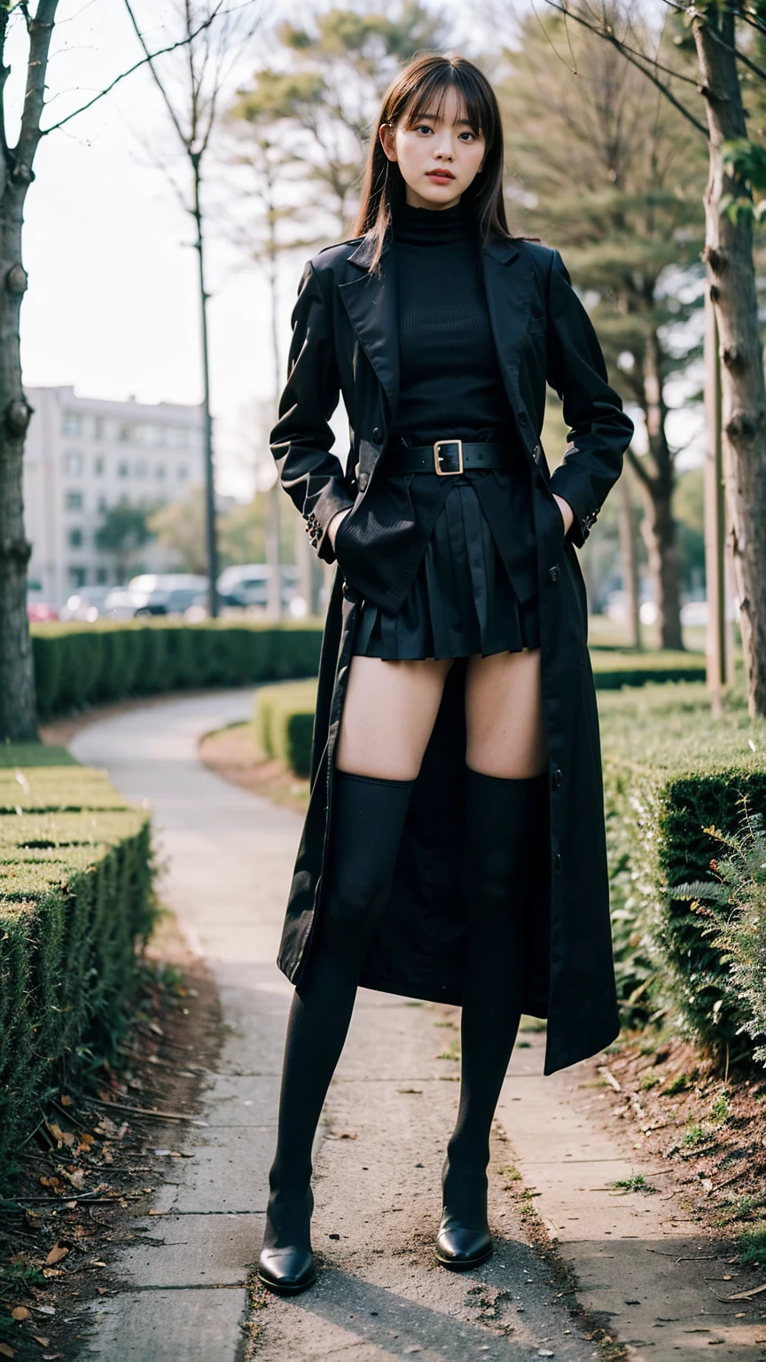 (8k、RAW Photos、Highest quality、masterpiece:1.2)、(Realistic、Realistic)、1 Girl、((skirt、long coat black、Slender legs、boots、one piece、tights、garden、View from the front、Looking at the camera、belt、Hands on your hips))、cute