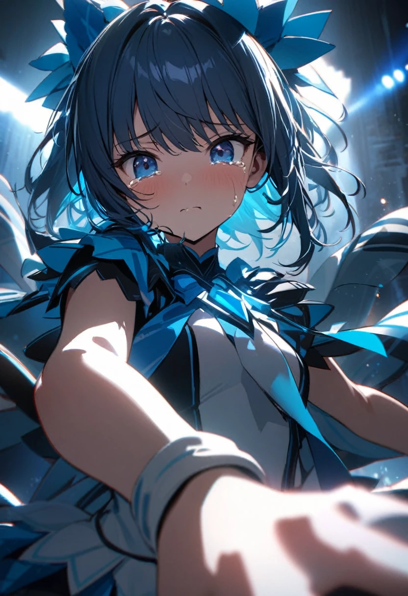 (Cosplay Shima rin), boy, cool, dramatic pose, (masterpiece, best quality, ultra detailed), (cinematic lighting), blue idol costume, (pov, ), (looking at viewer), incoming hug, (extremely close-up of face, ), kindly, gently, ( tears, ),