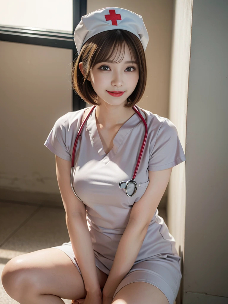 (realistic, photo-realistic:1.37), (masterpiece), (best quality:1.4), (ultra high res:1.2),(RAW photo:1.2), (sharp focus:1.3), (face focus:1.2), 

(1girl wearing detailed nurse and nurse cap:1.4), (spread legs), (from side:1.3), (hospital:1.5), plump, BREAK,
(medium breasts:1.27), (laugh:1.1), (brown bob cut:1.3), scenery, (20yo),  (cute),  photon mapping, (spot lighting), Evening, finely detail, vibrant details, hyperrealistic, (NSWF:1.5)