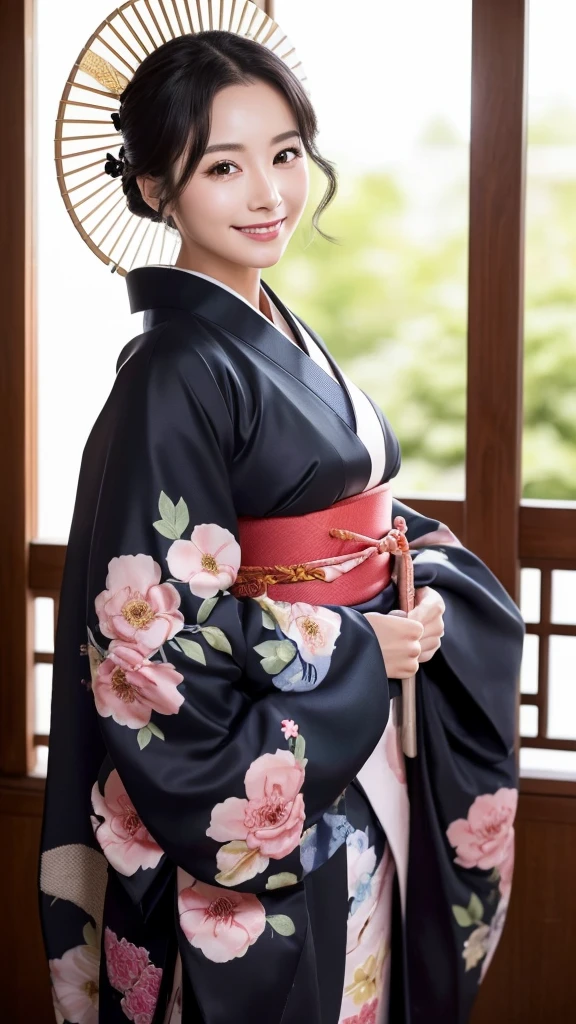 (Super beautiful woman in kimono)、((highest quality、8K masterpiece:1.3))、sharp focus:1.2、(super beautiful face:1.0)、(shiny skin:1.0)、realistic pictures、black hair、video lighting、High resolution eyes and face、video lighting、japanese actress、from the front、with a happy smile、whole body、wearing a kimono、in Kyoto、(luxury obi)、with a fan