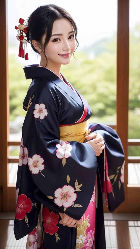 (Super beautiful woman in kimono)、((highest quality、8K masterpiece:1.3))、sharp focus:1.2、(super beautiful face:1.0)、(shiny skin:1.0)、realistic pictures、black hair、video lighting、High resolution eyes and face、video lighting、japanese actress、from the front、with a happy smile、whole body、wearing a kimono、in Kyoto、(luxury obi)、with a fan