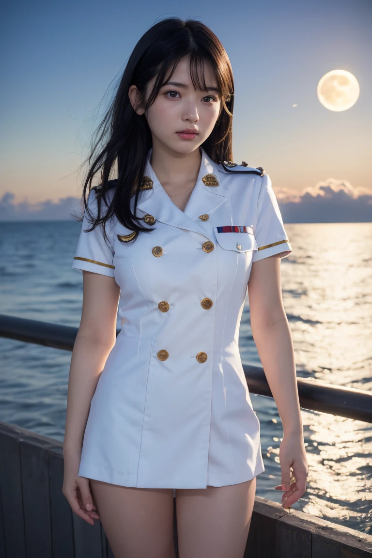 (スリムなHalf Body Shot, Medium-breasted girl in uniform:1.5)、(A sad girl gazing at a big full moon with her hair blowing in the wind 1.3)、(Large full moon reflected in the sea at night :1.3)、(Perfect Anatomy:1.3)、(Complete Hand:1.3)、(Full Finger:1.3)、Realistic、RAW Photos、Tabletop、Highest quality、High resolution、Delicate and beautiful、Perfect Face、Beautiful details、Fair skin、Real human skin、pores、((Thin legs))、(Black Hair)、 Half Body Shot、Face Light