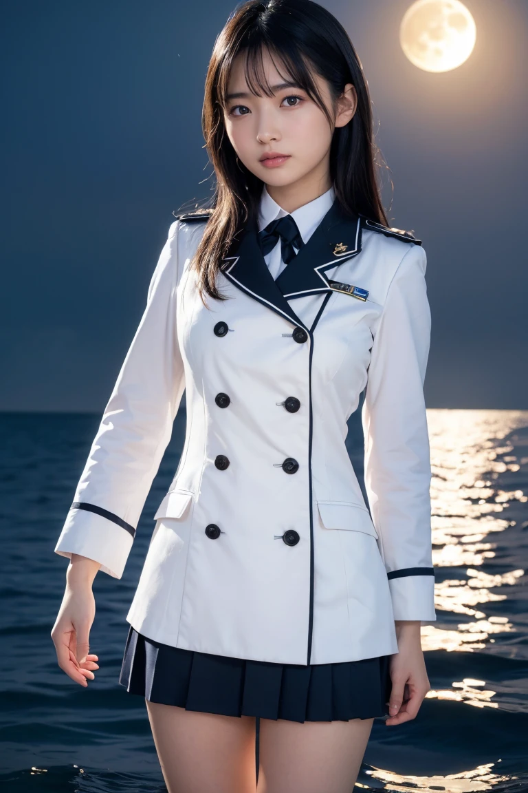 (スリムなHalf Body Shot, Medium-breasted girl in uniform:1.5)、(A sad girl gazing at a big full moon with her hair blowing in the wind 1.3)、(Large full moon reflected in the sea at night :1.3)、(Perfect Anatomy:1.3)、(Complete Hand:1.3)、(Full Finger:1.3)、Realistic、RAW Photos、Tabletop、Highest quality、High resolution、Delicate and beautiful、Perfect Face、Beautiful details、Fair skin、Real human skin、pores、((Thin legs))、(Black Hair)、 Half Body Shot、Face Light
