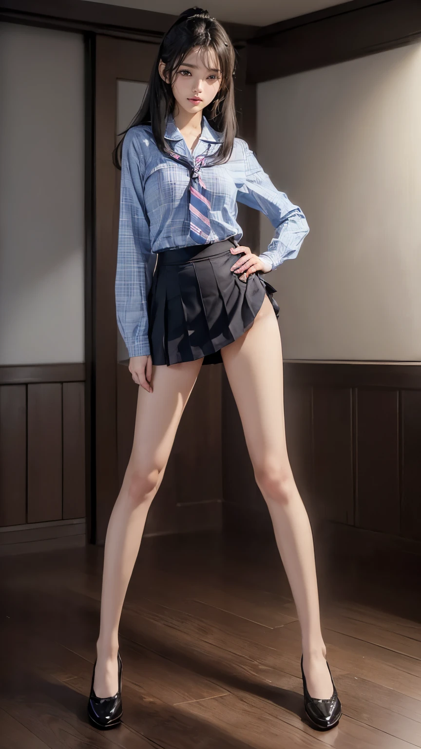 ((masterpiece)),(((最high quality))),(((((Full body shot of a girl taken from the floor:1.7))))),((Photograph the whole body from knee height:1.6)),((((((Please stand up straight with your legs together:1.9)))))),((Thin thighs)),((Long legs)),(((Girl standing in a school classroom:1.7))),(((Micro Mini Skirt Uniform:1.6))),((expensive:1.8)),((Japan in summer uniform:1.8)),((Wearing a red tie:1.4)),Wearing a white shirt with short sleeves,Her erect nipples are clearly visible under her clothes.,(Blue checked micro mini skirt:1.2),(:1.3),bangs,A small smile,((cute女の子)),Slender girl,Black Loafers,short white socks up to the ankles,,cute,The thighs below the groin are slim and firm,cute,Black hair ponytail,Thin legs,スリムなModel body type,Very small waist,Small hips,Long thighs,Thin thighs,Thin hands,Long hands,((((Full body from belowを撮影する:1.5)))),(((((k-popのIVEのWONYOUNGにそっくりの女の子:1.9))))),((Turn your whole body straight ahead:1.8)),((expensive:1.4)),(Stand with your legs straight without bending your knees:1.7),((Please stand up straight:1.7)),((turn your hips forward:1.7)),The ankles are super thin,beauty,Fine skin,Firm Skin,引き締まったThin legsの肌を細部までリアルに再現,Very detailed, Attention to detail,high quality,Awards,High resolution,(Anatomically correct:1.3),(8k,RAW Photos,最high quality,masterpiece:1.5),(((Photographing a girl'Full body from below))),(((She is taking a picture with three other girls from her class.:1.5))),3人ともスリムでcute,Height 173cm,((Please stand up straight with your legs together:1.7)),((Please stand up straight without bending your knees:1.7)),((Please stand up straight with your feet shoulder-width apart:1.5)),((Please stand up straight in a relaxed position:1.7)),(((Keep your back straight:1.8))),((Look forward:1.2)),8頭身beauty,Model body type,((Inseam is half the height:1.3)),Thin thighs,((k-popのIVEのWONYOUNGにそっくりの女の子:1.5))