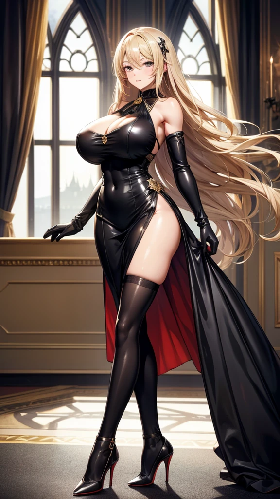 Adult woman with long blond hair and huge breasts,hairpin,Black evening dress,Bare arms,Abdominal muscles,muscle,Thin legs,black stockings,high heels,Standing,palace wave windows
