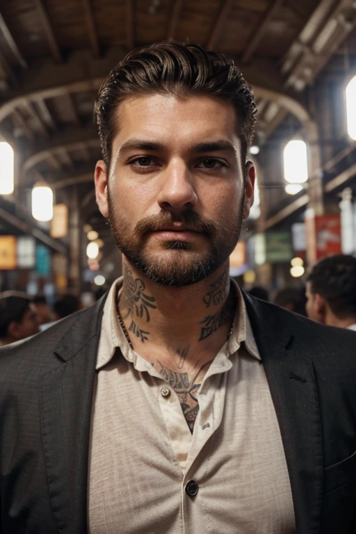 from below (medium shot:1.1) photo of a man, Michele_Morrone a 45 y.o hairy Caucasian Italian rough man, sharp-angular face, on a chhatrapati shivaji terminus (formerly victoria terminus), wearing a  (black:1.1) (suit:1.1), deep-set eyes, dirty blond hair, low-cut dropped side holes, collar (shirt:1.2), several tattoos that are visible on his arms, natural lighting, 4k, high quality, Fujifilm XT