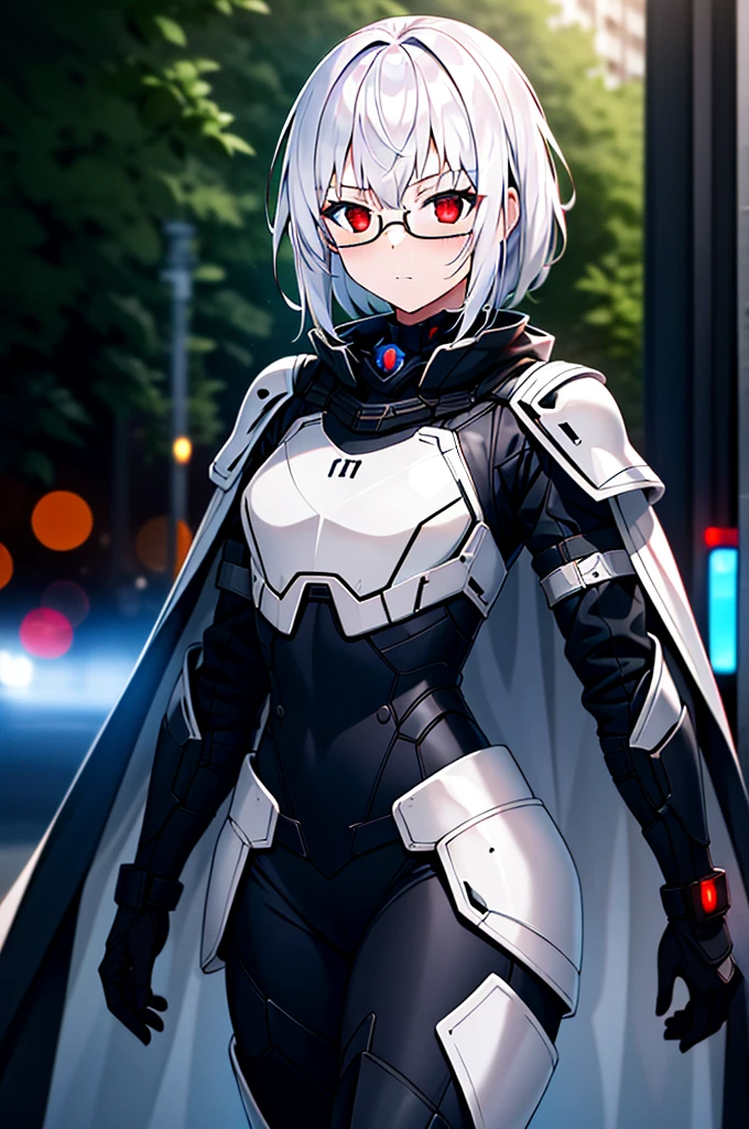 Masterpiece, solo, female, 1girl, 4k, standing, outdoor, white hair, white glasses, short, futuristic black soldier armor, cowboy shot's, Bokeh,red eyes, female soldier, bulletproof soldier armor, flat breast, flat chest, mature women, cape, looking at viewers