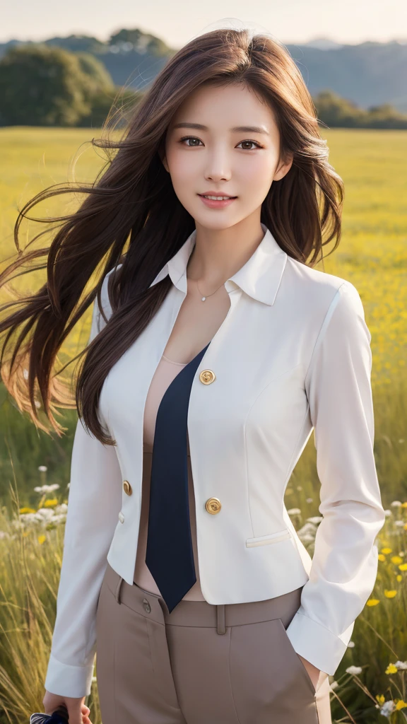 highest quality、genuine、Super detailed、finely、High resolution、8k wallpaper、one beautiful woman、、、light brown disheveled hair、wearing a business suit、sharp focus、perfect dynamic composition、beautiful and detailed eyes、thin hair、Detailed genuine skin texture、smile、model body shape、In a windswept meadow