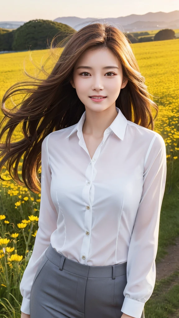 highest quality、genuine、Super detailed、finely、High resolution、8k wallpaper、one beautiful woman、、、light brown disheveled hair、wearing a business suit、sharp focus、perfect dynamic composition、beautiful and detailed eyes、thin hair、Detailed genuine skin texture、smile、model body shape、In a windswept meadow