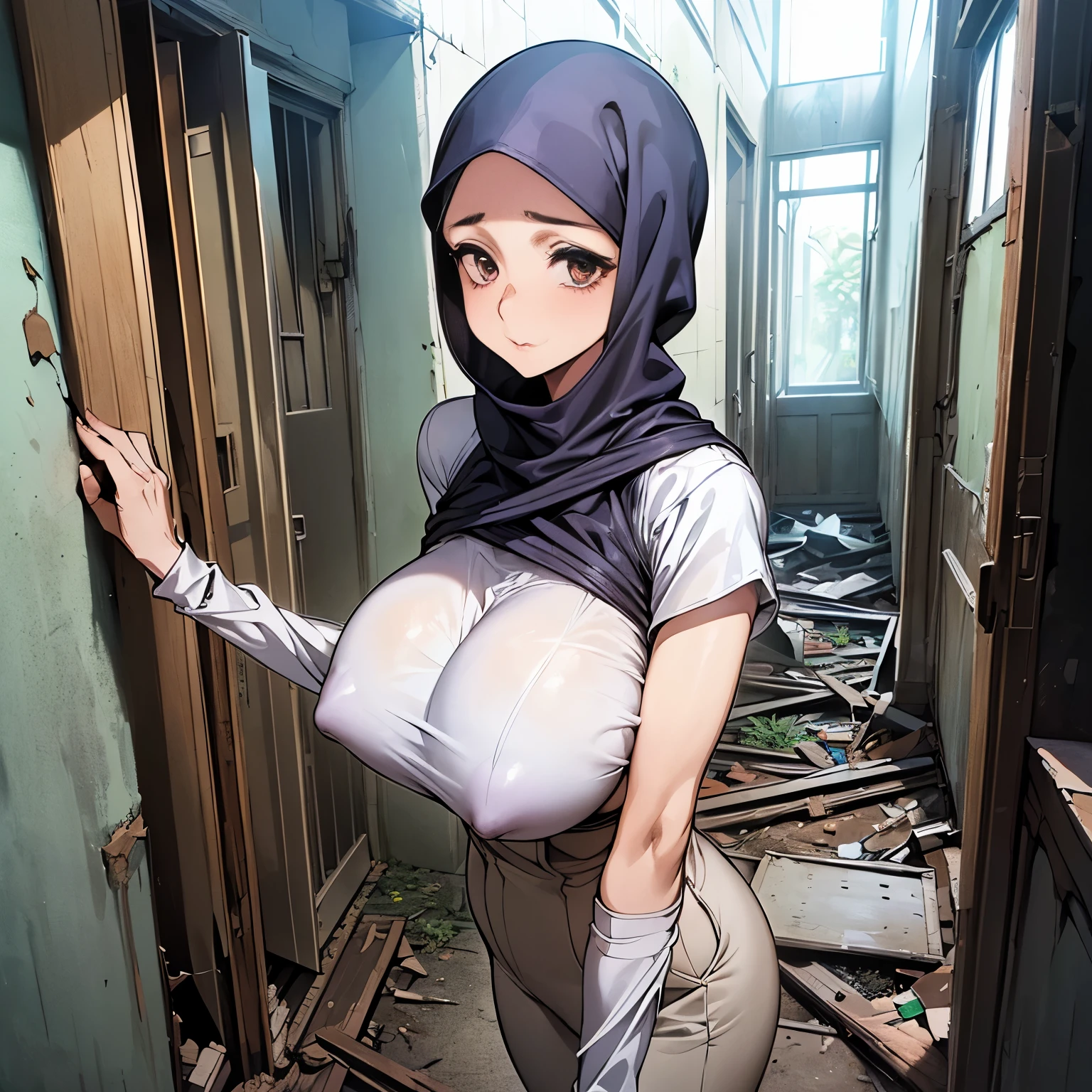 52 years Old, Hijab Indonesian mature woman, ((Large Veiny Breast : 1.4)), (((Tight Long-sleeveles Shirt))), Slim body, Breast about To burst out, (((at Abandoned School Corridor))), Daytime