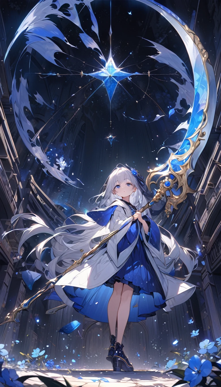 Highest quality,masterpiece,Detailed Details,Super detailed,colorful,The background is dark blue water,Transparency,Use HDR technology to create a sense of depth,beautiful,beautiful自然,Sacred atmosphere,8-year-old girl,Alone,Wearing starry wizard robes,Stand in the center of the screen,The whole body faces this way,Look diagonally forward to the left,holding a scythe,A scythe blade made from a blue gem,A scythe handle made from a black gem.,Holding a scythe ostentatiously,Narrow eyes,mysterious,Long silver hair decorated with blue flowers,Fantasy atmosphere,beautiful虹色の蝶々is flying in the air,Magnificent worldview