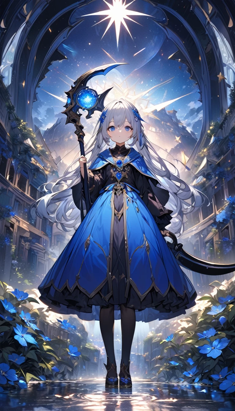 Highest quality,masterpiece,Detailed Details,Super detailed,colorful,The background is dark blue water,Transparency,Use HDR technology to create a sense of depth,beautiful,beautiful自然,Sacred atmosphere,8-year-old girl,Alone,Wearing starry wizard robes,Stand in the center of the screen,The whole body faces this way,Look diagonally forward to the left,holding a scythe,A scythe blade made from a blue gem,A scythe handle made from a black gem.,Holding a scythe ostentatiously,Narrow eyes,mysterious,Long silver hair decorated with blue flowers,Fantasy atmosphere,beautiful虹色の蝶々is flying in the air,Magnificent worldview