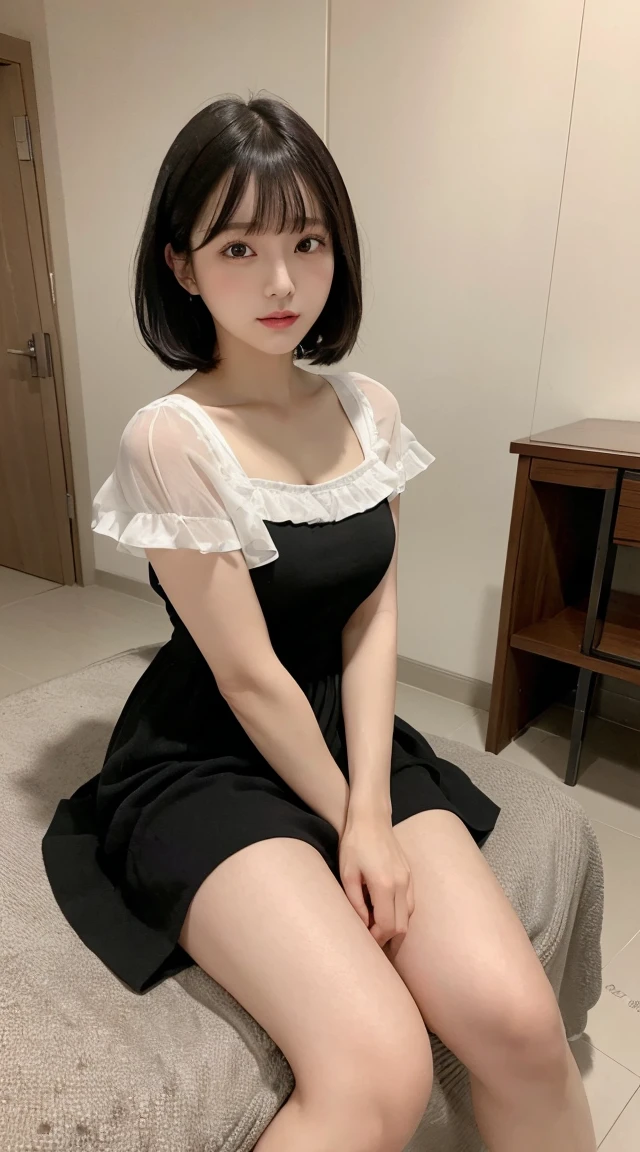 (Highest quality、8k、32K、masterpiece、Best Quality、Realistic))、Black Hair、Medium Hair、Short bangs、(Small breasts、Wearing a short-sleeved dress:1.3)、Small breasts、Selfie、Sitting、Leg spread、Idol、room